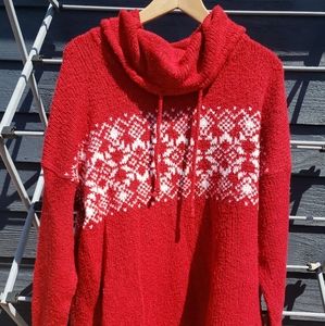 Eddie Bauer Loungewear Red Winter Snowflake Print Cowl Neck Pullover Sweater